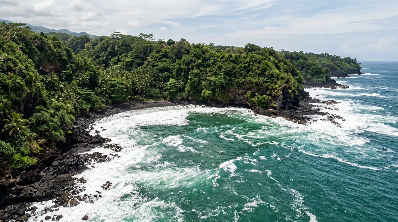Aerial of a Bali beach cove, no houses