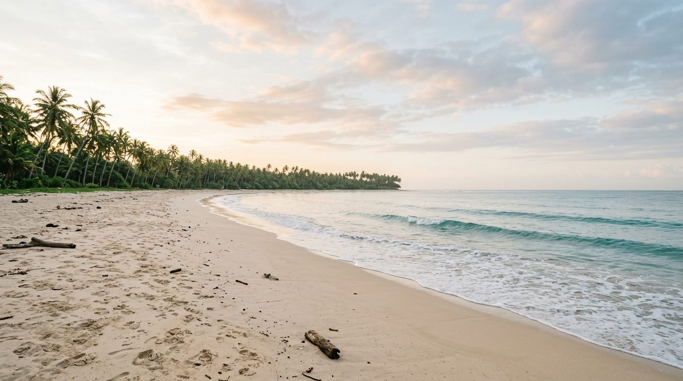 Empty Bali beach and a line of palms