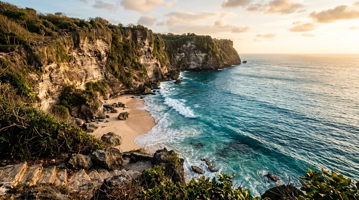 Uluwatu limestone cliffs and a hidden Bali beach cove